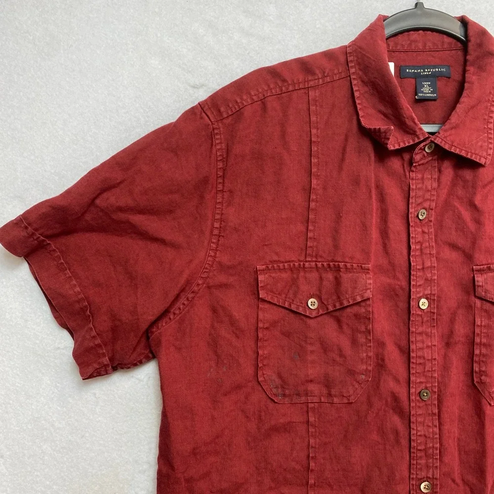 Banana Republic Shirt Mens XL Red Short Sleeve Linen Safari Pocket Button Up